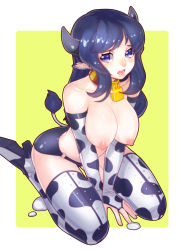 1girl absurdres animal_ears animal_print bell blue_hair blush boots breasts collar cow_ears cow_print cow_tail female_focus fengmo high_heel_boots high_heels highres large_breasts long_hair looking_at_viewer neck_bell nipples open_mouth original puffy_nipples purple_eyes sitting solo tail thigh_boots thighhighs wariza