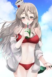 Rule 34 | 1girl, bikini, blue sky, bottle, breasts, brown eyes, cloud, commentary request, cowboy shot, drink, drinking straw, grey hair, hat, highres, jacket, kantai collection, long hair, looking at viewer, medium breasts, mini hat, pola (kancolle), red bikini, sky, solo, standing, swimsuit, thick eyebrows, tilted headwear, toriniku senshi chikinman, wavy hair, white jacket, wine bottle