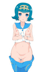 Rule 34 | 1girl, :o, between breasts, blue hair, blush, breasts, breasts apart, censored, clothes between breasts, clothes pull, collarbone, creatures (company), game freak, hairband, highres, izuna masaru, lana (pokemon), looking at viewer, navel, nintendo, nipples, no swimsuit, pants, pants pull, pokemon, pokemon sm, pussy, shirt, shirt pull, short hair, simple background, small breasts, solo, thigh gap, trial captain, white background
