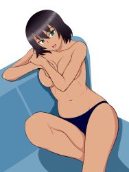 Rule 34 | 1girl, black hair, black panties, bob cut, breasts, commentary, couch, dark-skinned female, dark skin, girls und panzer, green eyes, head tilt, highres, hoshino (girls und panzer), knee up, large breasts, leaning to the side, looking at viewer, navel, on couch, open mouth, panties, short hair, sitting, smile, solo, tanaka rikimaru, topless, underwear, underwear only, white background