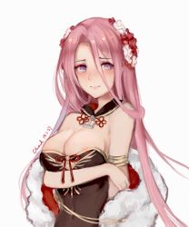 Rule 34 | 1girl, 2019, alternate costume, anchor symbol, areola slip, armlet, artist name, azur lane, black dress, blush, breast hold, breasts, chand, cleavage, covered navel, dated, dress, embarrassed, feather boa, flower, hair between eyes, hair flower, hair ornament, happy new year, highres, lexington (azur lane), lexington (the beauty of spring) (azur lane), long hair, medium breasts, new year, parted bangs, pink hair, purple eyes, signature, simple background, sleeveless, solo, straight hair, tareme, upper body, white background