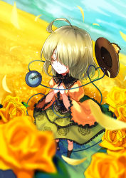 Rule 34 | 1girl, absurdres, ahoge, black footwear, blonde hair, blouse, blurry, boots, bow, breasts, collar, colored eyelashes, depth of field, closed eyes, field, floral print, flower, flower field, frilled collar, frilled shirt collar, frilled skirt, frilled sleeves, frills, grass, green hair, green skirt, hair over one eye, hands on own chest, hat, hat bow, unworn hat, unworn headwear, heart, heart of string, highres, knee boots, koissa, komeiji koishi, light particles, long sleeves, petals, ribbon-trimmed collar, ribbon trim, rose, shirt, short hair, skirt, small breasts, smile, solo, third eye, touhou, yellow rose, yellow shirt