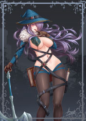 Rule 34 | 1girl, adsouto, axe, breast curtains, breasts, camilla (fire emblem), finger to mouth, fire emblem, fire emblem fates, gluteal fold, hair over one eye, hat, highres, large breasts, long hair, looking at viewer, navel, nintendo, purple hair, revealing clothes, solo, stomach, thigh gap, underboob, witch hat