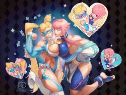 Rule 34 | 2girls, biceps, blonde hair, blue eyes, boots, breast press, breasts, fefeather, flexing, heart, highres, knee boots, large breasts, leotard, manon legrand, martial arts belt, mask, medal, multiple girls, muscular, muscular female, off shoulder, pink hair, rainbow mika, smile, street fighter, street fighter 6, street fighter v, symmetrical docking, toeless footwear, unitard, wrestling outfit