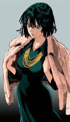 Rule 34 | 1girl, breasts, coat, collared dress, dress, from above, fubuki (one-punch man), fur coat, gradient background, green eyes, green hair, hair between eyes, highres, jewelry, murata yuusuke, one-punch man, short hair, solo, standing