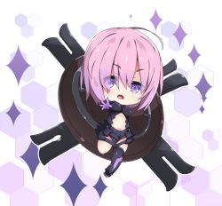 Rule 34 | 1girl, armored leotard, asymmetrical legwear, black leotard, black thighhighs, blush, breasts, chibi, commentary request, eyes visible through hair, fate/grand order, fate (series), gloves, hair over one eye, leotard, looking at viewer, mash kyrielight, medium breasts, milkpanda, navel, open mouth, outstretched arm, pink hair, purple gloves, shield, short hair, single thighhigh, solo, sparkle, thighhighs, uneven legwear