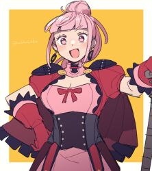 Rule 34 | 1girl, axe, blush, border, breasts, brown cape, cape, cleavage, commentary, do m kaeru, dress, earrings, female focus, fire emblem, fire emblem: three houses, fire emblem warriors: three hopes, gloves, hair bun, hand on own hip, hilda valentine goneril, holding, holding axe, holding weapon, hoop earrings, jewelry, looking at viewer, matching hair/eyes, medium breasts, nintendo, official alternate costume, official alternate hairstyle, open mouth, pink dress, pink eyes, pink hair, red dress, red gloves, simple background, single hair bun, smile, solo, twitter username, two-tone dress, weapon, white border, yellow background