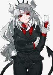 Rule 34 | &gt;:), 1girl, black pants, blunt bangs, breasts, closed mouth, commentary, cup, demon girl, demon horns, demon tail, drinking glass, formal, gloves, helltaker, highres, horns, large breasts, long hair, long sleeves, looking at viewer, low-tied long hair, lucifer (helltaker), mole, mole under eye, muraki (owantogohan), necktie, painttool sai (medium), pant suit, pants, red eyes, red shirt, shirt, simple background, smile, solo, suit, tail, very long hair, white background, white gloves, white hair, white horns, wine glass, wing collar