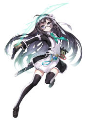 Rule 34 | 1girl, 909 (kagetsu99), ahoge, aqua neckwear, black-framed eyewear, black footwear, black hair, black thighhighs, breasts, copyright request, frown, full body, gem, glasses, grey eyes, hairband, heterochromia, highres, holding, holding sword, holding weapon, long hair, looking at viewer, novel illustration, official art, purple eyes, sheath, simple background, small breasts, solo, sword, thighhighs, weapon, white hairband