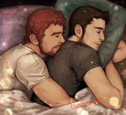Rule 34 | 2boys, bad id, bad tumblr id, bara, beard stubble, blurry, bokeh, brad melnick, brown hair, coming out on top, couple, cuddling, depth of field, facial hair, from above, from side, head on another&#039;s back, head rest, hug, hug from behind, lying, male focus, mark matthews, mature male, multiple boys, mustache stubble, on side, orange hair, profile, rumlockerart, shirt, short hair, sleeping, smile, sparse stubble, stubble, t-shirt, thick eyebrows, upper body, yaoi