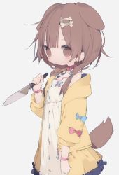 Rule 34 | 1girl, animal collar, animal ears, blue bow, bone hair ornament, bow, bracelet, braid, brown eyes, brown hair, brown tail, closed mouth, collar, dog ears, dog girl, dog tail, dress, frilled dress, frills, grey background, hair ornament, holding, holding knife, hololive, inugami korone, inugami korone (1st costume), jacket, jewelry, knife, long hair, looking at viewer, low twin braids, nanmokaken, no pupils, off shoulder, open clothes, pink bow, red collar, sleeveless, sleeveless dress, solo, tail, twin braids, virtual youtuber, white dress, wristband, yellow jacket