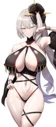 Rule 34 | 1girl, absurdres, alter servant, bare shoulders, bikini, black bikini, black flower, black rose, breasts, cleavage, commission, cowboy shot, dark persona, fate/grand order, fate/requiem, fate (series), flower, highres, huge breasts, long hair, looking at viewer, marie antoinette (alter) (fate), marie antoinette (fate), nail polish, pale skin, rose, shiroshisu, side ponytail, skeb commission, smile, solo, swimsuit, thighs, very long hair, white hair, yellow eyes