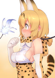 Rule 34 | 10s, 1girl, animal ears, bare shoulders, blonde hair, blush, bow, bowtie, breasts, cat ears, cat tail, covered erect nipples, drooling, elbow gloves, from side, gloves, gradient background, high-waist skirt, highres, kemono friends, looking to the side, medium breasts, no bra, open mouth, serval (kemono friends), serval print, serval tail, shirt, short hair, skirt, sleeveless, solo, tail, try (lsc), upper body, white shirt