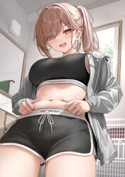 Rule 34 | 1girl, :d, black shorts, black sports bra, blush, breasts, brown hair, commentary request, eyes visible through hair, from below, grey jacket, highres, imouto-chan (monaka curl), indoors, jacket, large breasts, long hair, long sleeves, looking at viewer, looking down, monaka curl, navel, open clothes, open jacket, open mouth, orange eyes, original, ponytail, short shorts, shorts, smile, solo, sports bra, stomach