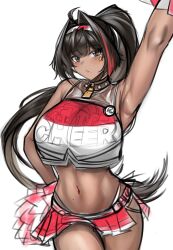 Rule 34 | 1girl, absurdres, ahoge, armpits, bay (nikke), black eyes, black hair, blush, breasts, cheerleader, collar, crop top, dark-skinned female, dark skin, facial tattoo, goddess of victory: nikke, hair intakes, hairband, highres, large breasts, long hair, looking at viewer, mapyarong, mole, mole under mouth, multicolored hair, navel, pom pom (cheerleading), ponytail, red hair, red shirt, red skirt, shirt, simple background, skirt, solo, spiked collar, spikes, star-shaped pupils, star (symbol), star tattoo, streaked hair, symbol-shaped pupils, tattoo, thong, whale tail (clothing), white background