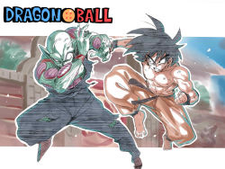 Rule 34 | 2boys, abs, antennae, barefoot, battle, black hair, clenched hand, clenched teeth, colored skin, copyright name, dougi, dragon ball, full body, green skin, hands up, looking at another, medium hair, multicolored skin, multiple boys, muscular, muscular male, pectorals, piccolo, pointy ears, purple skin, son goku, sweat, teeth, toes, topless male, torn clothes, tukiwani, v-shaped eyebrows, v-shaped eyes