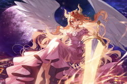 Rule 34 | 1girl, :o, apple caramel, aufheben, barefoot, brown hair, city lights, collar, collarbone, commission, dress, feathered wings, flying, frilled dress, frills, full moon, glowing, glowing sword, glowing weapon, hair ornament, highres, holding, holding sword, holding weapon, horns, long hair, looking at viewer, maplestory, moon, night, night sky, off-shoulder dress, off shoulder, open mouth, outdoors, purple dress, red eyes, sky, solo, star (sky), starry sky, sword, v-shaped eyebrows, very long hair, weapon, white wings, wings