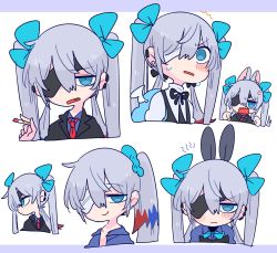 Rule 34 | 1boy, angel wings, anger vein, animal ears, bandage over one eye, blue bow, blue eyes, blue hair, blue shirt, blush, bow, bowtie, cigarette, collared shirt, earrings, eyepatch, fake animal ears, formal, grey hair, hair between eyes, hair bow, highres, holding, holding cigarette, jewelry, long hair, looking at viewer, low twintails, male focus, multicolored hair, multiple views, necktie, op na yarou, open mouth, original, rabbit ears, red hair, red necktie, rigel (op na yarou), scrunchie, sharp teeth, shirt, smile, smirk, suit, sweat, teeth, topless male, trap, twintails, two-tone hair, wide-eyed, wings
