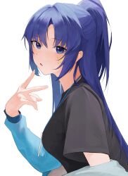 Rule 34 | 1girl, absurdres, black shirt, blue archive, blue eyes, blue hair, blue jacket, blush, breasts, facial tattoo, hair between eyes, hand up, highres, inakanoinonaka, jacket, long hair, long sleeves, looking at viewer, medium breasts, open clothes, open jacket, open mouth, ponytail, puffy long sleeves, puffy sleeves, shirt, short ponytail, short sleeves, sidelocks, simple background, sitting, solo, star (symbol), star tattoo, t-shirt, tattoo, tongue, white background, yuuka (blue archive), yuuka (track) (blue archive)