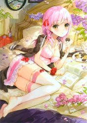 Rule 34 | 1girl, :o, absurdres, air bubble, ass, bed, bed sheet, blush, bottle, bow, bow legwear, braid, breasts, bubble, chemise, chocolate, cleavage, collarbone, flower, food, frilled pillow, frills, fuumi (radial engine), hair ribbon, hand up, highres, holding, holding chocolate, holding food, jacket, jacket on shoulders, leaf, legs together, lingerie, long hair, looking at viewer, lying, medium breasts, nightgown, no shoes, notebook, on bed, on side, open clothes, open jacket, open mouth, original, petals, pillow, pink hair, plate, red bow, red ribbon, ribbon, scrunchie, side braid, solo, thighhighs, underwater, underwear, white thighhighs, wrist scrunchie, yellow eyes