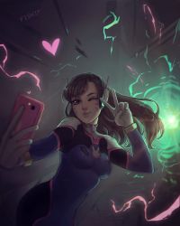 Rule 34 | 1girl, animal print, artist name, backlighting, blue bodysuit, bodysuit, bracer, breasts, brown eyes, brown hair, cellphone, cowboy shot, d.va (overwatch), explosion, facepaint, facial mark, gameplay mechanics, gloves, headphones, heart, high collar, highres, holding, leaning forward, lips, long hair, looking at viewer, making-of available, matilda fiship, medium breasts, nose, one eye closed, overwatch, overwatch 1, phone, pilot suit, pink lips, rabbit print, ribbed bodysuit, selfie, shoulder pads, signature, skin tight, smartphone, smile, solo, swept bangs, taking picture, upper body, v, whisker markings, white gloves