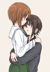 Rule 34 | 2girls, arms around neck, beige background, black neckerchief, blouse, brown eyes, brown hair, closed mouth, commentary, dress shirt, girls und panzer, grey shirt, hug, incest, kuromorimine school uniform, long sleeves, looking at another, multiple girls, mutsu (layergreen), neckerchief, nishizumi maho, nishizumi miho, ooarai school uniform, parted lips, school uniform, serafuku, shirt, short hair, siblings, simple background, sisters, sitting, smile, standing, white shirt, yuri