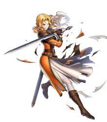 Rule 34 | 1girl, armor, belt, blonde hair, boots, brigid (fire emblem), brown footwear, eyvel, fire emblem, fire emblem: thracia 776, full body, gloves, highres, holding, holding sword, holding weapon, knee boots, long sleeves, nintendo, official art, pantyhose, solo, sword, torn clothes, torn pantyhose, transparent background, weapon, white pantyhose, yellow eyes