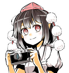 Rule 34 | 1girl, black hair, camera, closed mouth, hat, highres, holding, holding camera, looking at viewer, peroponesosu., pointy ears, pom pom (clothes), puffy short sleeves, puffy sleeves, red eyes, red hat, shameimaru aya, shirt, short hair, short sleeves, simple background, smile, solo, tokin hat, touhou, upper body, white background, white shirt
