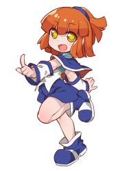 Rule 34 | 1girl, :d, arle nadja, armor, armored dress, blue capelet, blue footwear, blue skirt, blush, boots, capelet, child, commentary request, fukurou (owl222), full body, half updo, highres, index finger raised, madou monogatari, medium hair, open mouth, orange hair, pointing, pointing forward, puyopuyo, puyopuyo fever, simple background, skirt, smile, solo, standing, standing on one leg, white background, yellow eyes