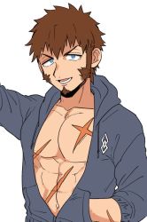 Rule 34 | 1boy, abs, alternate costume, alternate hairstyle, bad id, bad twitter id, bare pectorals, blue eyes, brown hair, casual, cross scar, facial hair, fate/grand order, fate (series), flat color, goatee, groin, hood, hooded jacket, jacket, long sideburns, long sleeves, male focus, messy hair, muscular, napoleon bonaparte (fate), navel, open clothes, open jacket, partially unbuttoned, pectoral cleavage, pectorals, scar, scar on arm, scar on chest, shitappa, short hair, sideburns, solo, white background