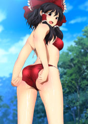 Rule 34 | 1girl, adjusting clothes, adjusting swimsuit, ass, back, bare arms, bare legs, bikini, black hair, blush, breasts, cloud, cowboy shot, from behind, groin, hakurei reimu, highres, legs, looking down, open mouth, outdoors, red bikini, red eyes, short hair with long locks, sideboob, sky, small breasts, solo, standing, swimsuit, thighs, touhou, tree, wet, yadokari genpachirou