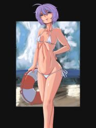 1girl ahoge bikini black_border border bow bow_bikini breasts collarbone doekuramori eyebrows female_focus hair_between_eyes hand_on_own_hip holding holding_swim_ring innertube lifebuoy looking_at_viewer martyr_(the_citadel) navel official_art open_mouth outdoors small_breasts solo solo_focus standing swim_ring swimsuit teeth the_citadel upper_teeth_only white_background