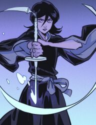 1girl black_hair black_kimono bleach commentary cowboy_shot double-parted_bangs english_commentary gabriel_picolo gradient_background hair_between_eyes highres holding holding_sword holding_weapon japanese_clothes kimono kuchiki_rukia looking_at_viewer parted_lips purple_theme sash solo sword weapon white_sash