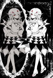 Rule 34 | 1girl, absurdres, bad id, bad pixiv id, different reflection, dress, finger to cheek, greyscale, hand on own hip, high heel sandals, high heels, highres, horns, kijin seija, mirror, monochrome, multiple girls, one eye closed, pantyhose, red eyes, reflection, sandals, sheya, skirt, solo, spot color, touhou