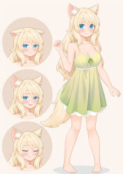 Rule 34 | 1girl, absurdres, animal ears, bare arms, bare shoulders, barefoot, blue eyes, blush, breasts, cat ears, cat girl, closed mouth, dress, expressionless, full body, green dress, highres, mao lian (nekokao), medium breasts, multiple girls, original, smile, spaghetti strap, tail