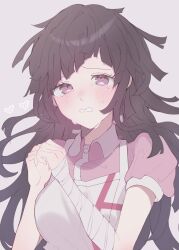 Rule 34 | 1girl, apron, bandaged arm, bandages, blush, breasts, collared shirt, danganronpa (series), danganronpa 2: goodbye despair, heart, highres, medium breasts, messy hair, mole, mole under eye, own hands together, pink background, pink eyes, pink shirt, pote (pote 39), puffy short sleeves, puffy sleeves, shirt, short sleeves, solo, tears, teeth, tsumiki mikan, two-tone shirt, upper body, white apron