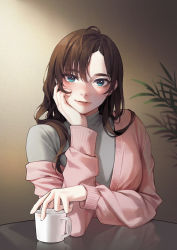 Rule 34 | 1girl, breasts, brown background, brown hair, brown jacket, closed mouth, cocoro moto, commentary request, copyright request, cup, grey sweater, highres, jacket, large breasts, long hair, long sleeves, looking at viewer, mole, mole under eye, off shoulder, parted lips, plant, smile, solo, sweater, table, teeth, upper body