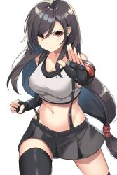 Rule 34 | 1girl, belt, black gloves, black hair, black skirt, black thighhighs, breasts, brown eyes, cleavage, collarbone, earrings, final fantasy, final fantasy vii, final fantasy vii remake, fingerless gloves, gloves, highres, jewelry, long hair, midriff, navel, outstretched hand, parted lips, skirt, solo, suiroh (shideoukami), suspender skirt, suspenders, thighhighs, tifa lockhart, white background
