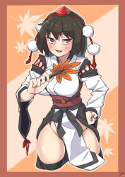 Rule 34 | 1girl, :d, black hair, border, breasts, brown border, cropped legs, groin, hand fan, hand on own hip, hat, hauchiwa, highres, holding, holding fan, kourindou tengu costume, large breasts, leaf, leaf fan, leaf print, long sleeves, looking at viewer, maple leaf, nikuatsu magician shinbo, no panties, obi, open mouth, orange background, pom pom (clothes), red eyes, red hat, red neckwear, sash, shameimaru aya, short hair, smile, solo, standing, tokin hat, touhou, wide sleeves