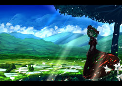 Rule 34 | 1girl, blurry, bow, cloud, day, depth of field, dress, falling petals, farmer, flower, frilled bow, frilled ribbon, frills, front ponytail, green eyes, green hair, hair bow, hair ribbon, kagiyama hina, landscape, letterboxed, light rays, long dress, long hair, looking at viewer, looking to the side, matching hair/eyes, meadow, open mouth, outdoors, perspective, petals, red dress, ribbon, rice paddy, rice planting, rural, scenery, short sleeves, sky, solo, standing, sunbeam, sunlight, touhou, tree, tree shade, umigarasu (kitsune1963), under tree, v arms, water