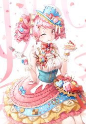 Rule 34 | 1girl, ;q, absurdres, bang dream!, bare shoulders, beads, blue bow, blue hat, bow, bowtie, breasts, cake, candy, center frills, chain, checkerboard cookie, confetti, cookie, corset, dress, drill hair, feet out of frame, flower, food, food-themed clothes, food-themed ornament, food on face, fork, frilled dress, frills, fruit, gloves, hair beads, hair ornament, hair ribbon, hairclip, hat, hat bow, heart, highres, holding, holding fork, holding plate, ice cream, konpeitou, lace, large breasts, looking at viewer, macaron, maruyama aya, minori (faddy), motion blur, one eye closed, pink eyes, pink hair, plate, pocky, red bow, ribbon, ringlets, see-through, short sleeves, sidelocks, sleeveless, sleeveless dress, smile, solo, strawberry, strawberry shortcake, streamers, swept bangs, tongue, tongue out, top hat, twintails, waffle, white background, white flower, white gloves, white ribbon
