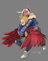 Rule 34 | 1boy, 1girl, alternate costume, animal ears, arms around neck, blonde hair, boku no hero academia, carrying, closed mouth, dark-skinned female, dark skin, denim, english text, feathered wings, feathers, gloves, grey background, half-closed eyes, hawks (boku no hero academia), highres, jeans, long hair, midriff, mirko, nike (company), own hands together, pants, piggyback, print sweater, rabbit ears, rabbit girl, red eyes, red feathers, red wings, shoes, short hair, sideburns, simple background, slim (sl1m skull), sneakers, spiked hair, squatting, sunglasses, sweater, tinted eyewear, white hair, wings, yellow eyes