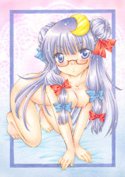 Rule 34 | 1girl, :o, airbrush (medium), all fours, barefoot, bespectacled, border, bow, breasts, breasts squeezed together, collarbone, crescent, crescent hair ornament, doily, double bun, glasses, gradient background, hair bow, hair bun, hair ornament, light purple hair, long hair, looking at viewer, marker (medium), nipples, nude, pastel (medium), patchouli knowledge, puffy nipples, satsuki (gogotaru), semi-rimless eyewear, sidelocks, solo, touhou, traditional media, under-rim eyewear