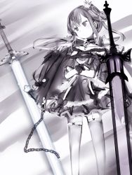 Rule 34 | 1girl, bad id, bad pixiv id, choker, closed mouth, crossed arms, double bun, dress, feet out of frame, garter straps, greyscale, hair bun, highres, hololive, jacket, jacket on shoulders, monochrome, nanashi (nlo), planted, planted sword, planted weapon, purple theme, solo, standing, sword, thighhighs, uruha rushia, uruha rushia (3rd costume), virtual youtuber, weapon, wristband