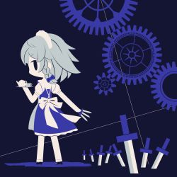 Rule 34 | 1girl, apron, back, back bow, black eyes, black footwear, blue background, blue dress, blue theme, bow, braid, chibi, cobalta, cup, dress, eyebrows, frilled dress, frills, gears, hair bow, holding, holding cup, holding knife, holding plate, holding teapot, holding weapon, izayoi sakuya, knife, looking back, maid, maid apron, maid headdress, plate, shadow, short hair, short sleeves, side braids, silver hair, solo, standing, teapot, touhou, weapon, white legwear