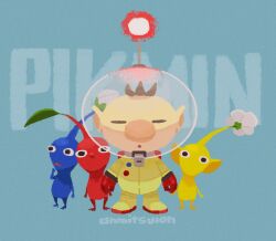 Rule 34 | 1boy, alien, artist name, azuki (anmitsuion), backpack, bag, big nose, black eyes, blue background, blue pikmin, blue skin, brown hair, bud, buttons, closed eyes, colored skin, commentary, copyright name, flower, gloves, hand on own chin, head tilt, helmet, leaf, male focus, nintendo, no mouth, olimar, open mouth, pikmin (creature), pikmin (series), pointy ears, pointy nose, radio antenna, red bag, red gloves, red light, red pikmin, red skin, short hair, space helmet, spacesuit, straight-on, triangle mouth, very short hair, whistle, white flower, yellow pikmin, yellow skin