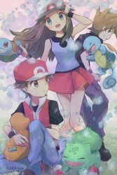 Rule 34 | 1girl, 2boys, 343rone, absurdres, baseball cap, black shirt, blue eyes, blue oak, blue shirt, brown eyes, brown hair, bubble, bulbasaur, charmander, closed eyes, closed mouth, creatures (company), floating hair, game freak, gen 1 pokemon, hand up, hat, highres, holding, holding clothes, holding hat, holding pokemon, jumping, leaf (pokemon), long hair, looking at another, multiple boys, nintendo, open mouth, orange hair, pants, pigeon-toed, pokemon, pokemon (creature), pokemon frlg, red (pokemon), red eyes, red skirt, shirt, shoes, short hair, short sleeves, skirt, sleeveless, sleeveless shirt, spiked hair, squirt bottle (pokemon), squirtle, sweatdrop, wristband