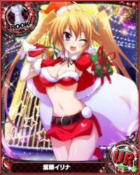 Rule 34 | 1girl, ahoge, bag, bare shoulders, blush, box, breast hold, breasts, card (medium), character name, chess piece, christmas, cleavage, female focus, fur-trimmed gloves, fur trim, gloves, high school dxd, holding, holding bag, holding box, large breasts, long hair, looking at viewer, navel, official art, orange hair, purple eyes, red gloves, red skirt, rook (chess), shidou irina, skirt, solo, trading card, twintails, very long hair, wink