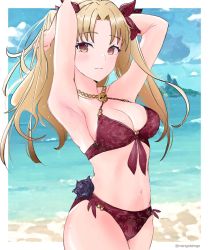 Rule 34 | 1girl, alternate costume, armpits, arms up, beach, bikini, black flower, black rose, blonde hair, blue sky, blush, breasts, cleavage, closed mouth, cloud, collarbone, commentary, day, english commentary, ereshkigal (fate), fate/grand order, fate (series), flower, hair ribbon, hand in own hair, highres, long hair, looking at viewer, mangotaingo, medium breasts, navel, nervous, ocean, outdoors, parted bangs, red bikini, red eyes, red ribbon, ribbon, rose, sand, skull, sky, solo, swimsuit, twitter username, two side up, water, wet, wet hair