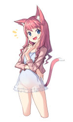 Rule 34 | + +, 1girl, :d, ^^^, animal ears, blue eyes, breast hold, breasts, cat ears, cat tail, cowboy shot, cropped jacket, cropped legs, dress, fang, finger to mouth, index finger raised, long hair, looking at viewer, navel, no panties, open mouth, pink hair, saiste, see-through, see-through skirt, short dress, sidelocks, simple background, skirt, smile, solo, tail, white background
